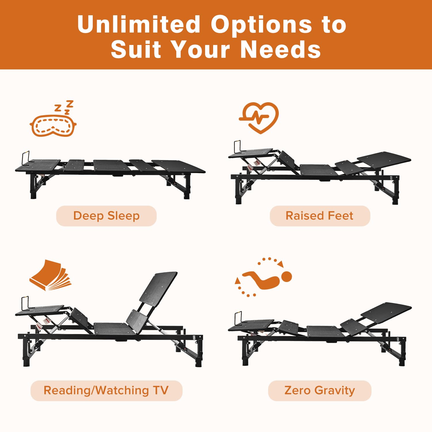 Donext Adjustable Bed Base, Queen Bed Frame, Independent Head and Foot Incline, Quiet Motor, Wireless Remote Control, Electric Bed Base