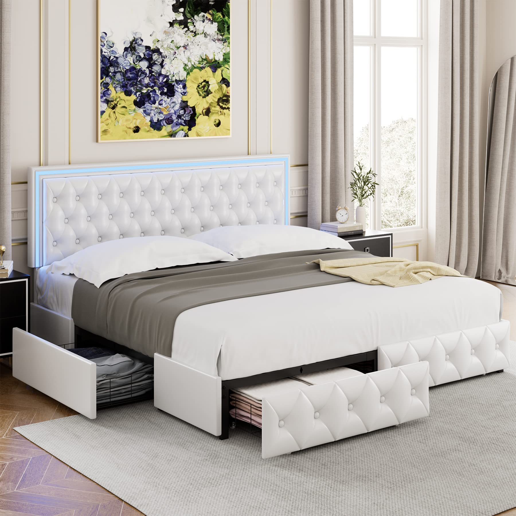 Keyluv King Upholstered LED Bed Frame with 4 Drawers, Pu Leather Platform Storage Bed with Adjustable Button Tufted Headboard and Solid Wooden Slats Support, No Box Spring Needed, White