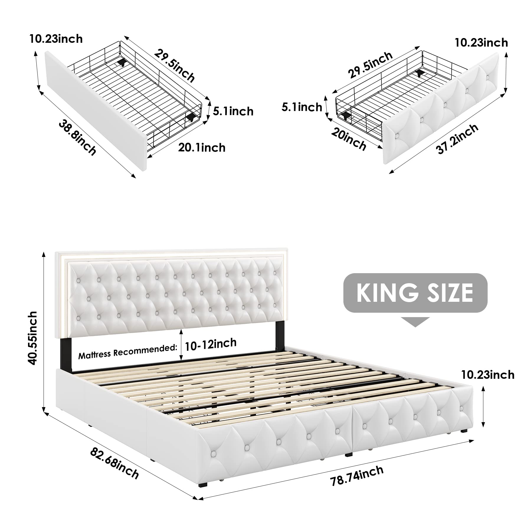 Keyluv King Upholstered LED Bed Frame with 4 Drawers, Pu Leather Platform Storage Bed with Adjustable Button Tufted Headboard and Solid Wooden Slats Support, No Box Spring Needed, White