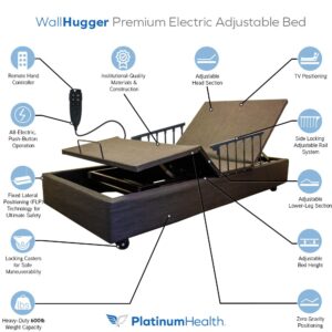 Platinum Health WallHugger Premium Electric Adjustable Bed Base with Variable Height High-Low Positioning and Wall Hugger Feature. Twin XL, includes Free Siderails. (bed base only)