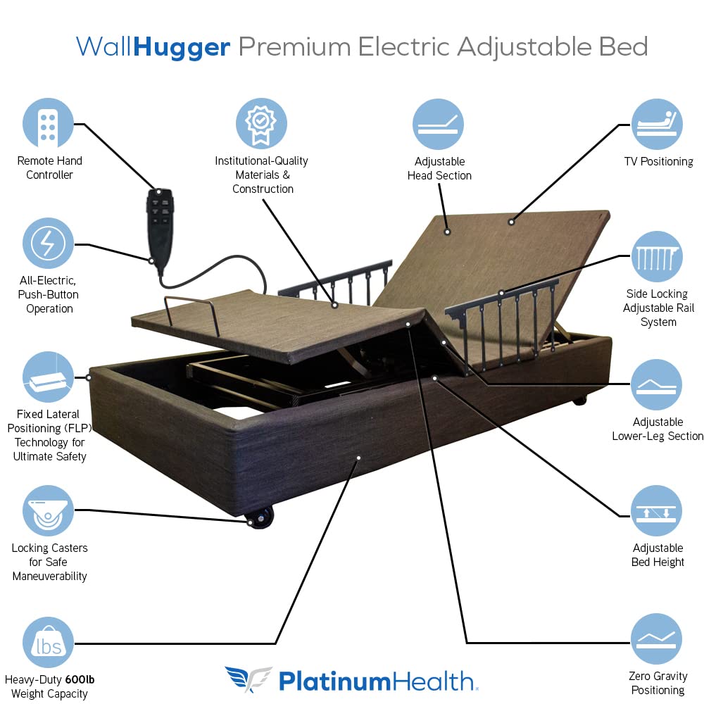 Platinum Health WallHugger Premium Electric Adjustable Bed Base with Variable Height High-Low Positioning and Wall Hugger Feature. Twin XL, includes Free Siderails. (bed base only)