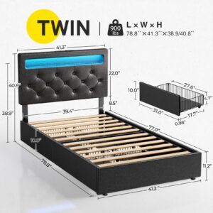 Rolanstar Twin Size Bed Frame with Charging Station and LED Lights, Upholstered PU Leather Bed with Adjustable Headboard and 4 Storage Drawers, No Box Spring Needed, Easy Assembly, Black