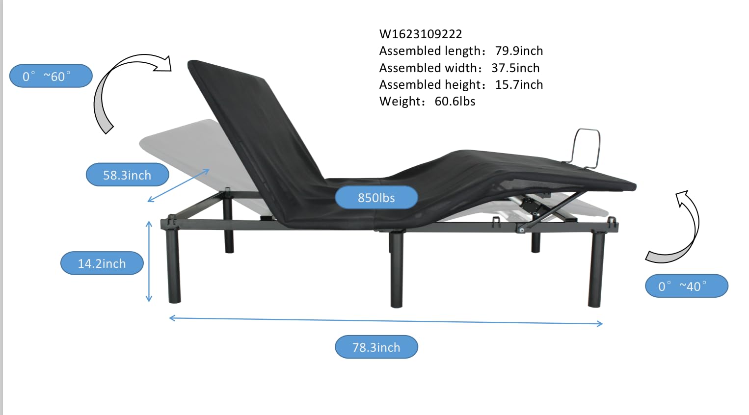 HBRR Twin XL Electric Adjustable Bed Base, Ergonomic Basic Bed Frame with Quiet Motor and Steel Frame Support, Independent Head and Foot Incline, Black