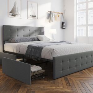 gaomon queen bed frame with storage, grey queen size upholstered bed frame with 4 drawers and adjustable tufted headboard, no box spring needed (queen)