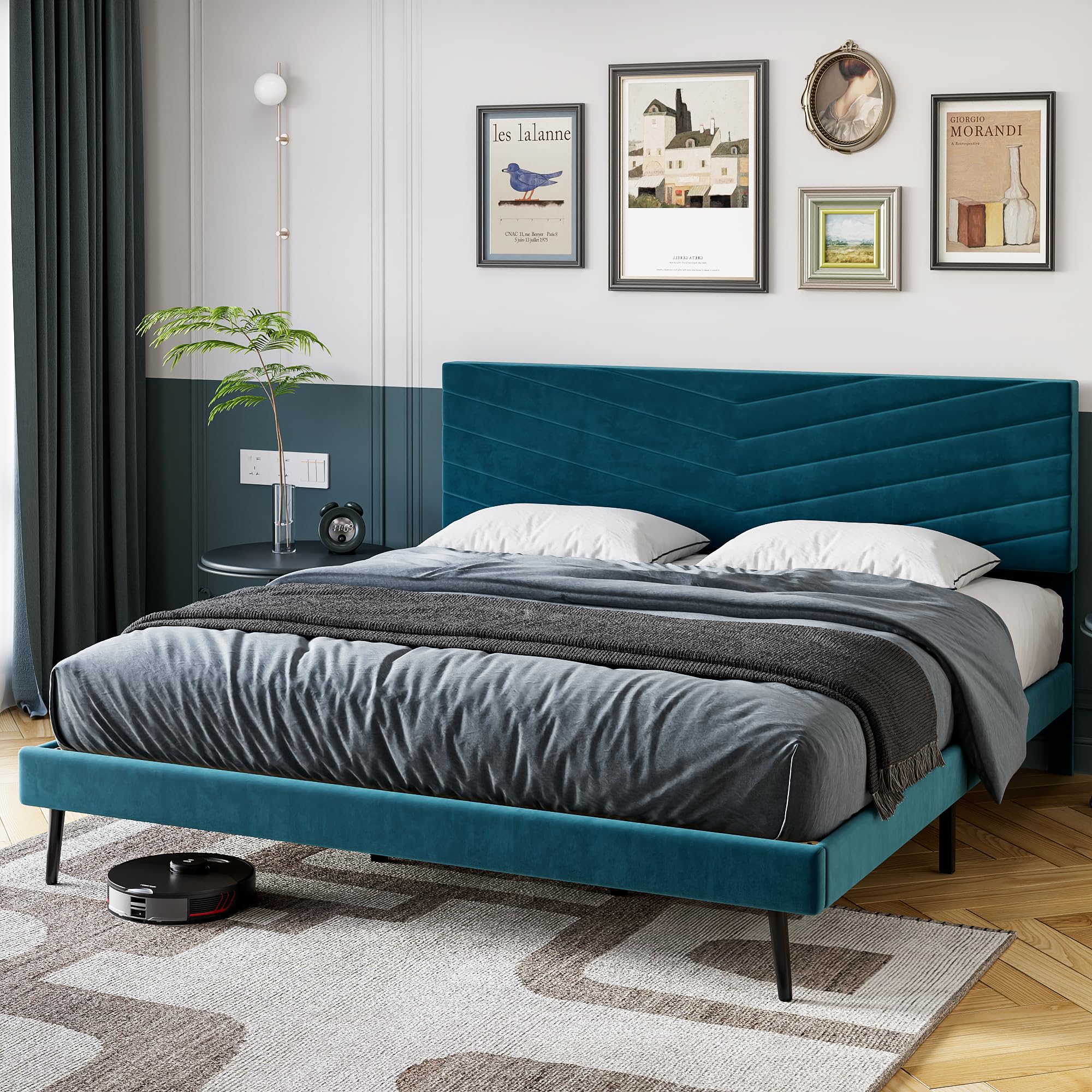 Homhougo Full Size Bed Frame with Adjustable Headboard, Velvet Upholstered Platform Bed with Solid Wood Slats Support, No Box Spring Needed, Noise-Free, Green