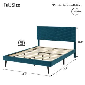 Homhougo Full Size Bed Frame with Adjustable Headboard, Velvet Upholstered Platform Bed with Solid Wood Slats Support, No Box Spring Needed, Noise-Free, Green