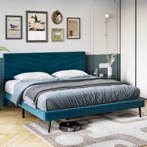 Homhougo Full Size Bed Frame with Adjustable Headboard, Velvet Upholstered Platform Bed with Solid Wood Slats Support, No Box Spring Needed, Noise-Free, Green