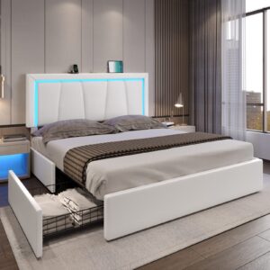 dictac bed frame queen size with 4 storage drawers and led lights faux leather upholstered queen led platform bed frame with usb ports & adjustable led headboard,no box spring needed,noise free,white