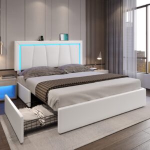 DICTAC Bed Frame Queen Size with 4 Storage Drawers and LED Lights Faux Leather Upholstered Queen LED Platform Bed Frame with USB Ports & Adjustable LED Headboard,No Box Spring Needed,Noise Free,White