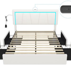 DICTAC Bed Frame Queen Size with 4 Storage Drawers and LED Lights Faux Leather Upholstered Queen LED Platform Bed Frame with USB Ports & Adjustable LED Headboard,No Box Spring Needed,Noise Free,White