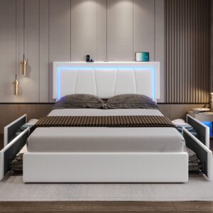 DICTAC Bed Frame Queen Size with 4 Storage Drawers and LED Lights Faux Leather Upholstered Queen LED Platform Bed Frame with USB Ports & Adjustable LED Headboard,No Box Spring Needed,Noise Free,White