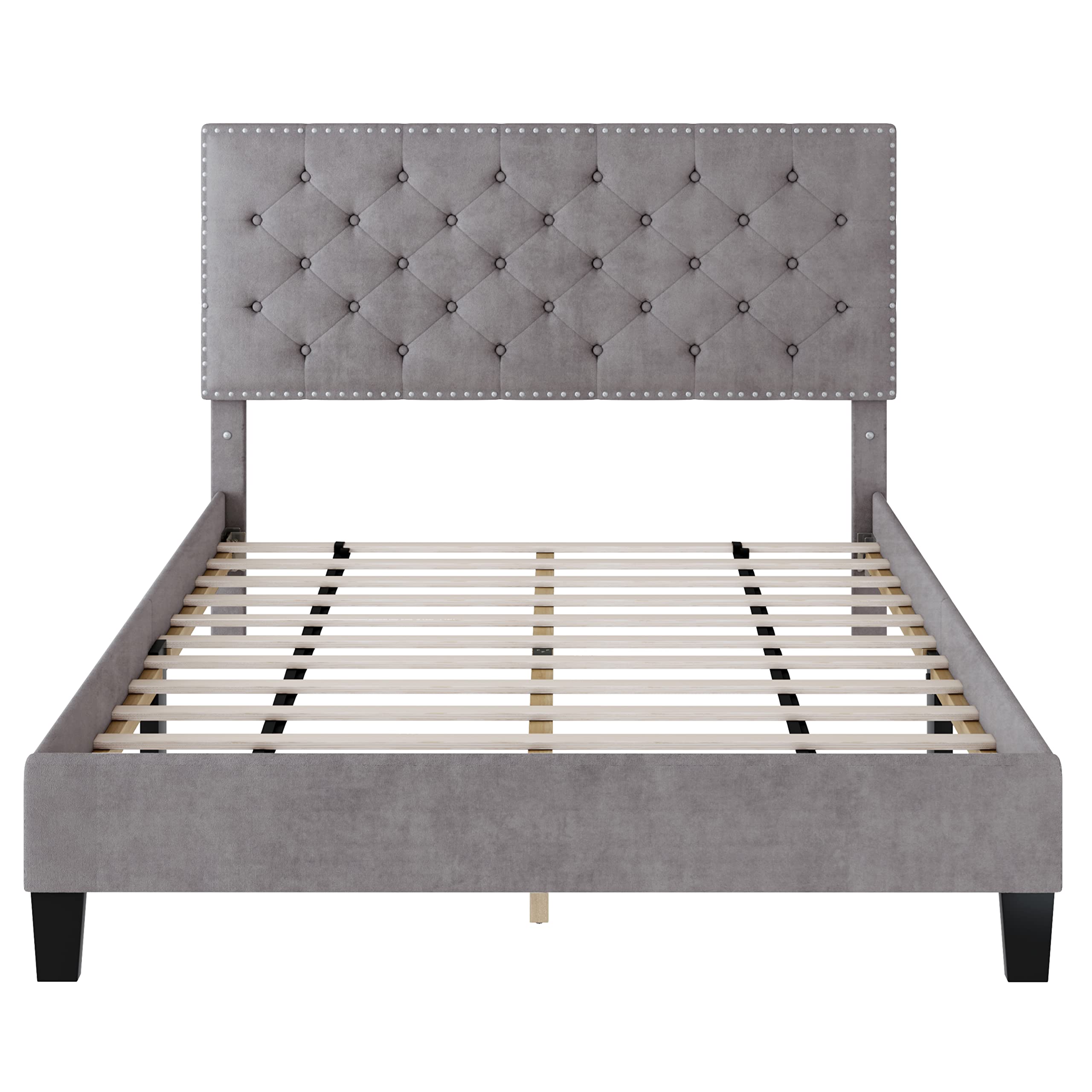 HOSTACK Queen Upholstered Platform Bed Frame, Grey, Wood and Steel