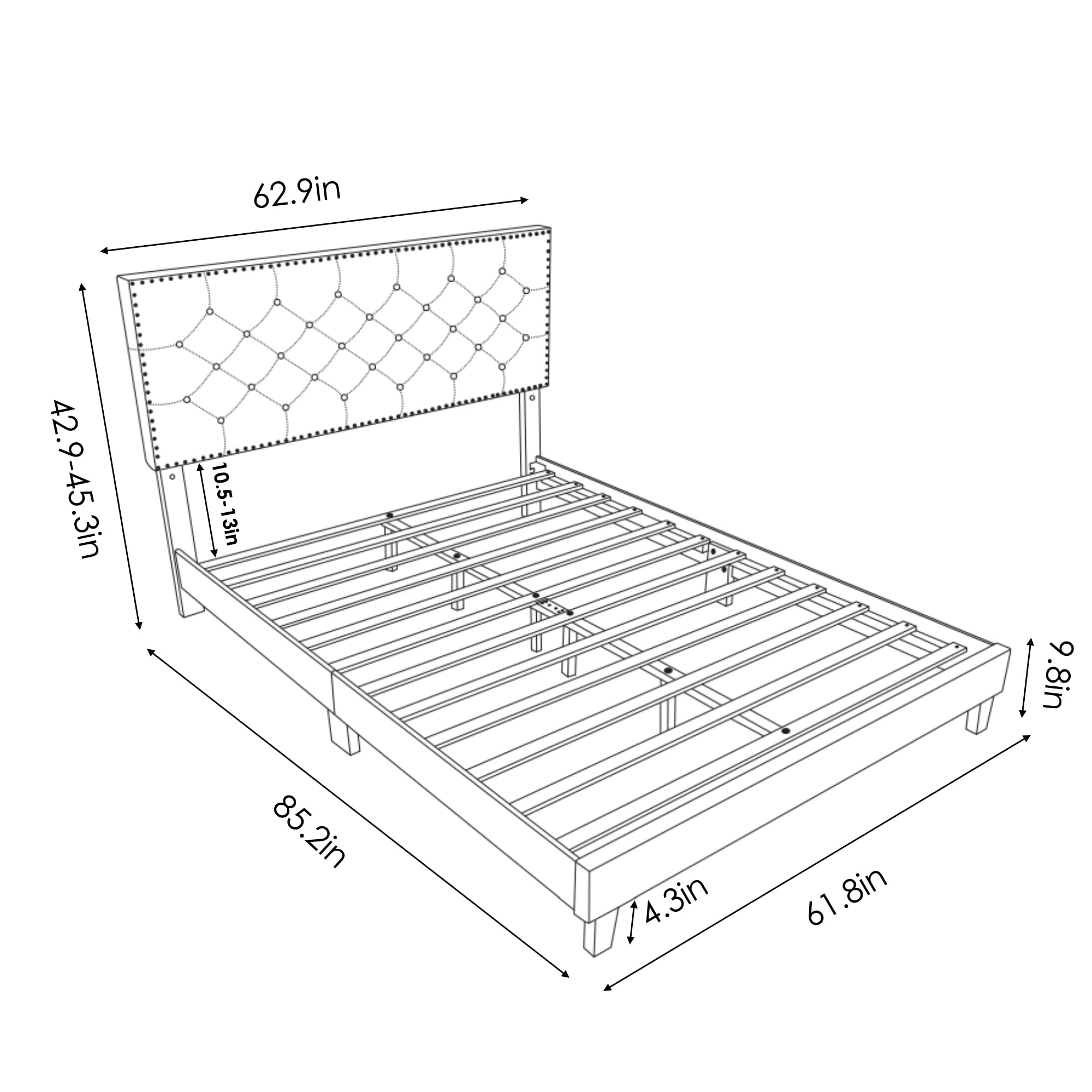 HOSTACK Queen Upholstered Platform Bed Frame, Grey, Wood and Steel