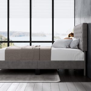 HOSTACK Queen Upholstered Platform Bed Frame, Grey, Wood and Steel