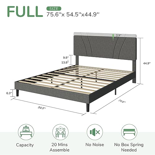 Novilla Full Size Bed Frame No Box Spring Needed with Adjustable Headboard Upholstered Platform Bed with Strong Wooden Slats, Easy Assembly, Light Grey