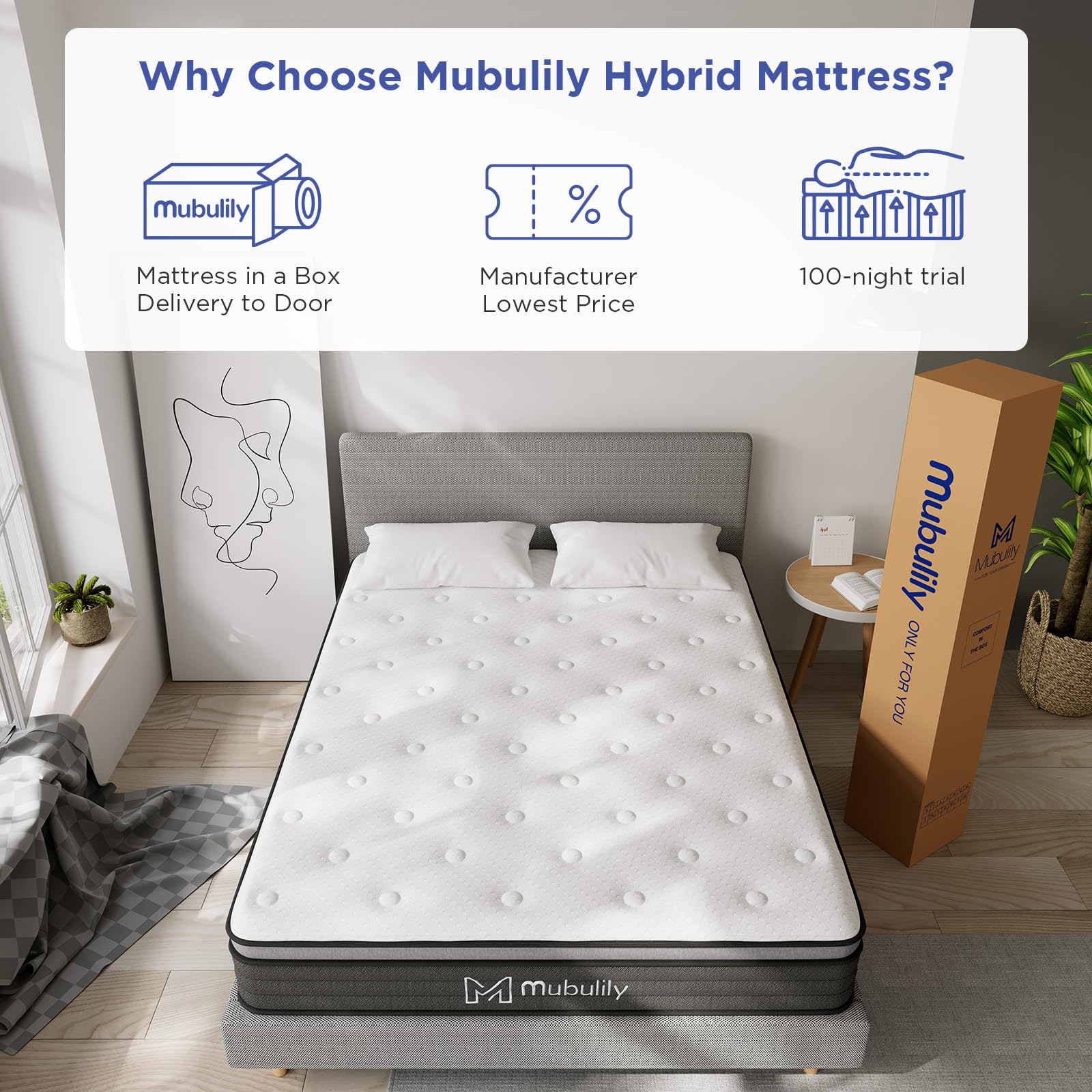 Mubulily Queen Mattress,8 Inch Hybrid Mattress in a Box with Gel Memory Foam,Motion Isolation Individually Wrapped Pocket Coils Mattress,Pressure Relief,Medium Firm Support,CertiPUR-US.