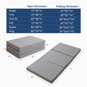 Hcore Folding Mattress Single, 4 Inch Foldable Trifold Memory Foam Mattress with Bag, Portable Mattress Topper for floor, Camping, Guest, CertiPUR-US Certified, 75"x 25" x4"