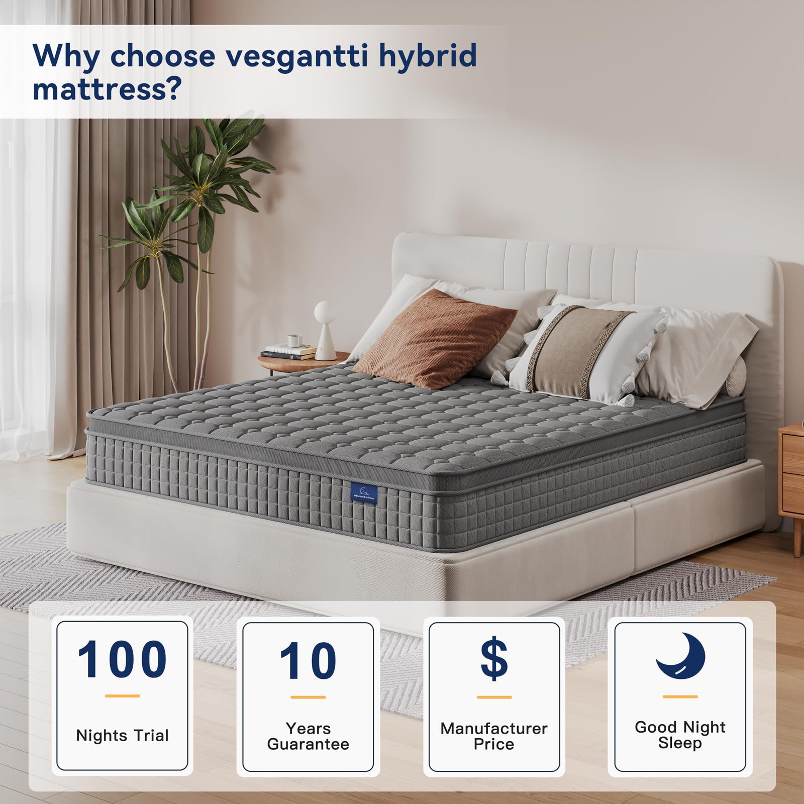 Vesgantti 10 Inch Twin XL Multilayer Hybrid Mattress - Multiple Sizes & Styles Available, Ergonomic Design with Memory Foam and Pocket Spring, Medium Firm Feel, Grey