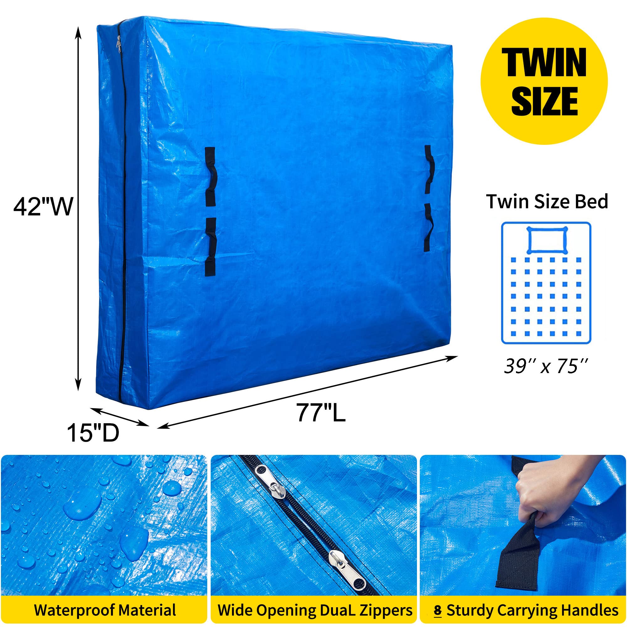 Best Season Twin Size Mattress Bag for Moving Reusable - Heavy Duty Tarp Waterproof Mattress Storage Bag - Easy Carrier Durable Mattress Protection Bag with Handles and Dual Zippers - 1 Pack