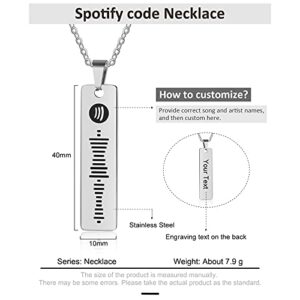 Personalized Music Spotify Scan Code Necklace Custom Bar Pendant Necklace for Women Men Engraved Name Necklace Stainless Steel Necklace Jewelry Gift(Silver)