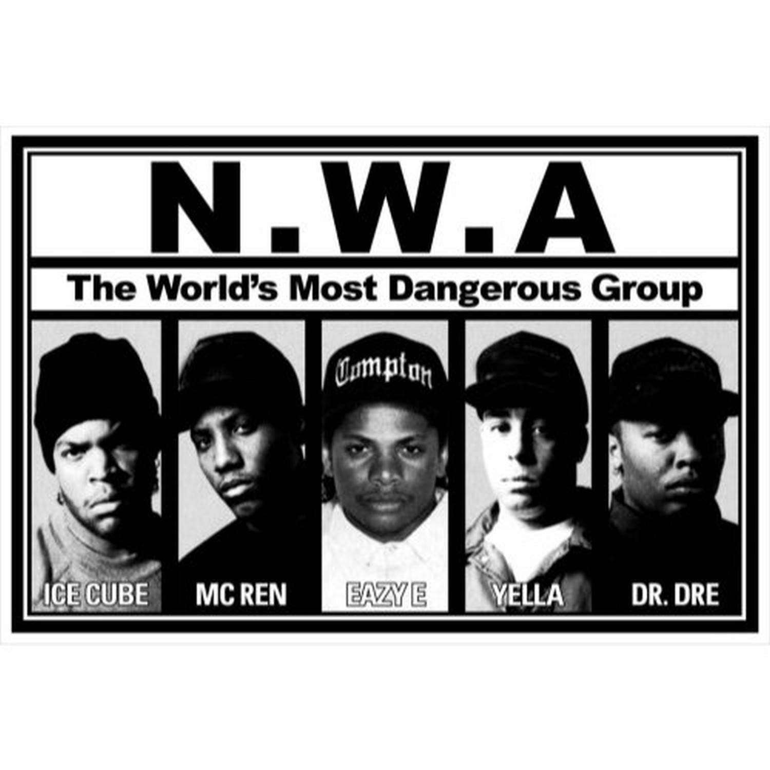 Buyartforless N.W.A. Lineup 36x24 Music Art Print Poster - Ice Cube - MC Ren - Eazy E - Yella - Dr Dre, Black, White, Gray, (PW 51565)