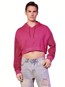 wdirara men's drawstring mesh long sleeve hoodie sweatshirt pullover crop top hot pink s