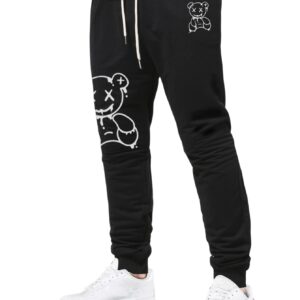 WDIRARA Men's Cartoon Bear Print Drawstring Waist Sweatpants with Pocket Black M