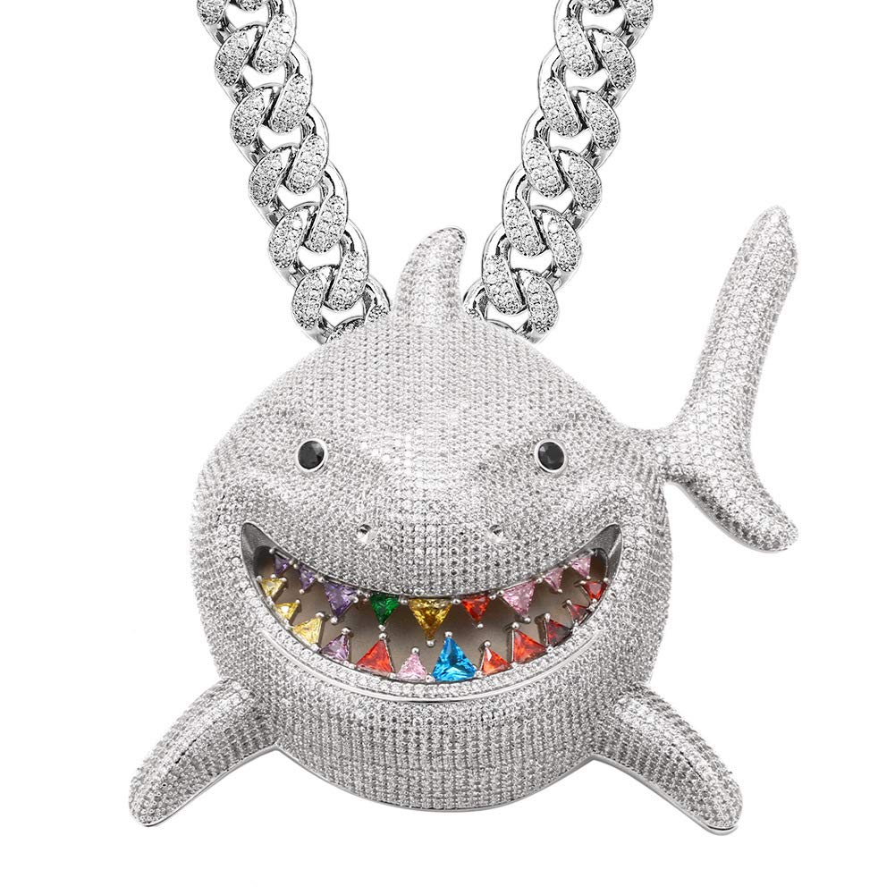 YIMERAIRE Hip Hop Jewelry Shark Pendant with Iced out Cuban Link Chain Large Iced Out Pendant 18K Gold Plated Colorful Teeth 3D 12MM Premium Zircon Fish Animal Diamond Necklace