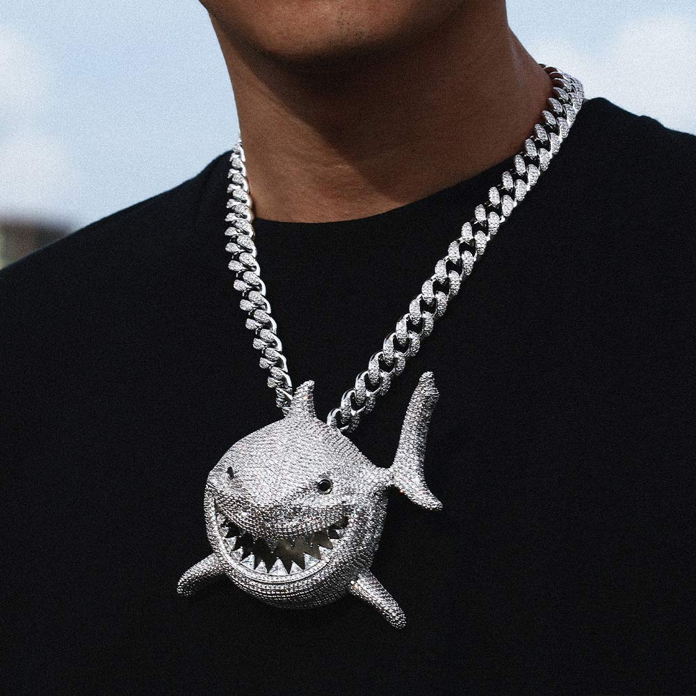 YIMERAIRE Hip Hop Jewelry Shark Pendant with Iced out Cuban Link Chain Large Iced Out Pendant 18K Gold Plated Colorful Teeth 3D 12MM Premium Zircon Fish Animal Diamond Necklace