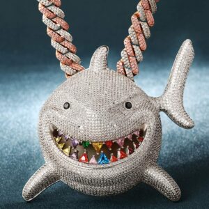 YIMERAIRE Hip Hop Jewelry Shark Pendant with Iced out Cuban Link Chain Large Iced Out Pendant 18K Gold Plated Colorful Teeth 3D 12MM Premium Zircon Fish Animal Diamond Necklace