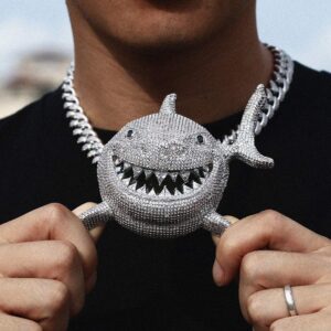 YIMERAIRE Hip Hop Jewelry Shark Pendant with Iced out Cuban Link Chain Large Iced Out Pendant 18K Gold Plated Colorful Teeth 3D 12MM Premium Zircon Fish Animal Diamond Necklace