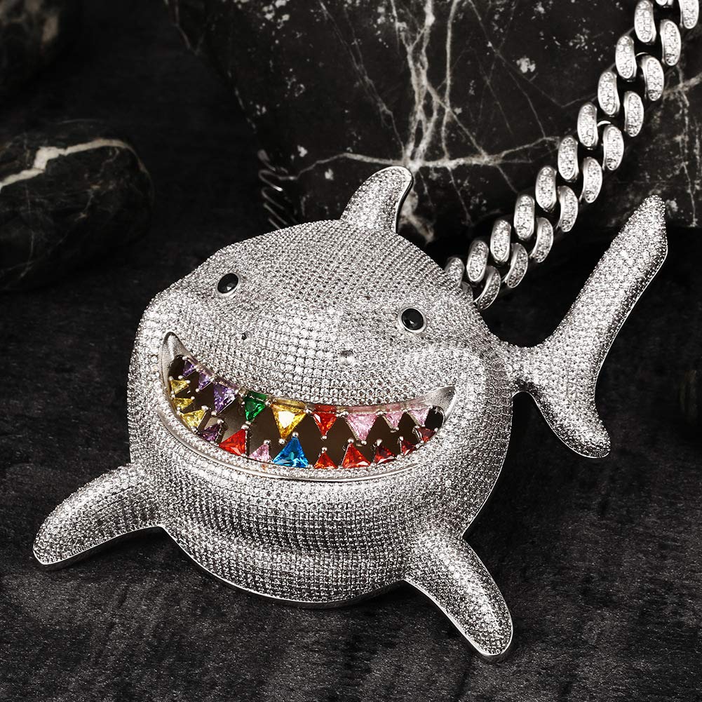 YIMERAIRE Hip Hop Jewelry Shark Pendant with Iced out Cuban Link Chain Large Iced Out Pendant 18K Gold Plated Colorful Teeth 3D 12MM Premium Zircon Fish Animal Diamond Necklace