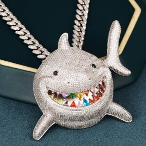 YIMERAIRE Hip Hop Jewelry Shark Pendant with Iced out Cuban Link Chain Large Iced Out Pendant 18K Gold Plated Colorful Teeth 3D 12MM Premium Zircon Fish Animal Diamond Necklace