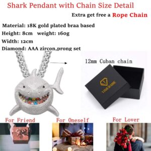 YIMERAIRE Hip Hop Jewelry Shark Pendant with Iced out Cuban Link Chain Large Iced Out Pendant 18K Gold Plated Colorful Teeth 3D 12MM Premium Zircon Fish Animal Diamond Necklace