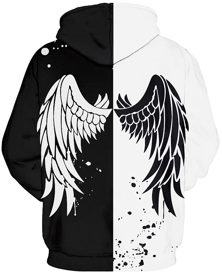 Chaos World Men's Novelty Hoodie Long Sleeves 3D Funny Graphic Print Sweatshirt Pullover(Medium,4 Black White Wing)