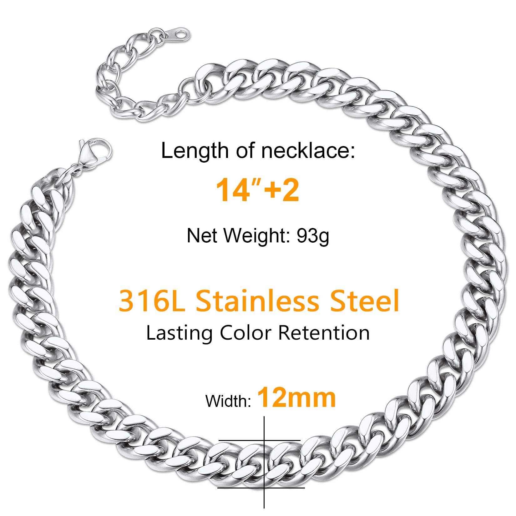 Mens Necklace Cuban Chain Choker 12mm 14inch Stainless Steel Choker Neck Chains for Men