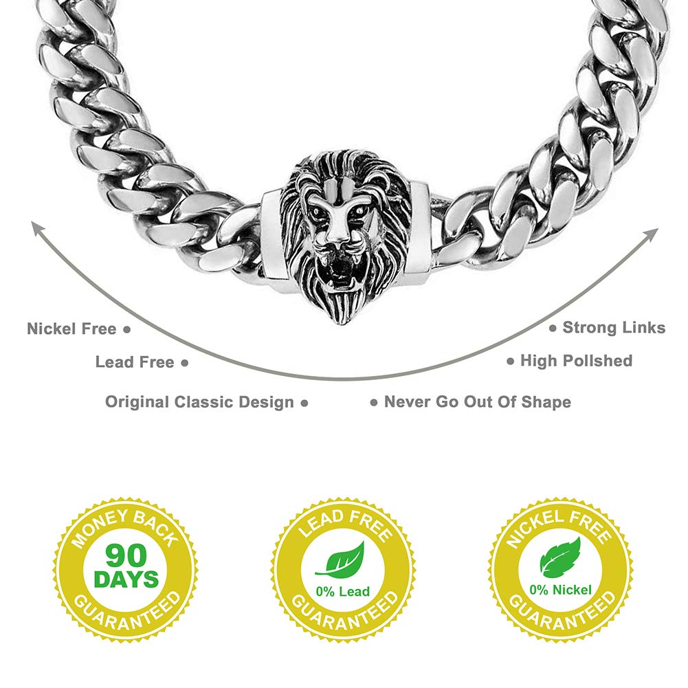 W/W Lifetime Cuban Link Chain for Men Lion Choker Hip Hop Silver Necklace 18",20" Jewelry, 14mm Polishing Stainless Steel