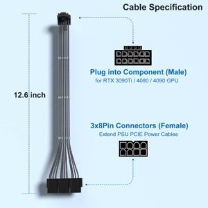 Agtray PCI-e 5.0 Cable Extender 90 Degree Angle, 12VHPWR Connector 16Pin(12+4) Male to 3x8Pin Female 16AWG Sleeved Power Extension Cord with Cable Combs for RTX 4090/4080/3090Ti (12.6in, Black)