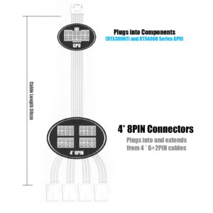ABNO1 RTX4090 16Pin(12+4) to 4x8pin PCI-e 5.0 Sleeved Cable Extension 30CM Length with Combs,12Pin Compatible for 4070ti&4080&3090Ti Series (White/Single)
