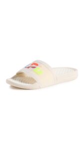 apl: athletic propulsion labs women's big logo techloom slides, prstine/neon/blocked, off white, 8 medium us