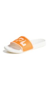 apl: athletic propulsion labs women's big logo techloom slides, ivory/orange/neon peach, 6 medium us