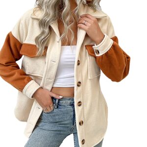 SOMTHRON Women's Fleece Cardigan Long Sleeve Shacket Sherpa Shirt Jacket Patchwork Button Down Lapel Collar Blouses Tops AP-L