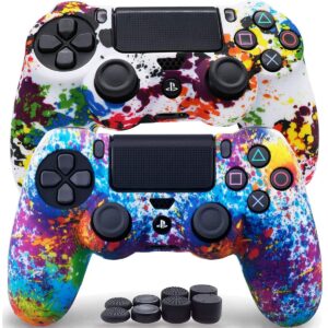 sofunii 2pcs skin for ps4 controller, anti-slip silicone cover shell case with 8 thumb grip caps, compatible with playsation 4 slim/pro controller dualshock 4 wireless/wired gamepad (rainbow)