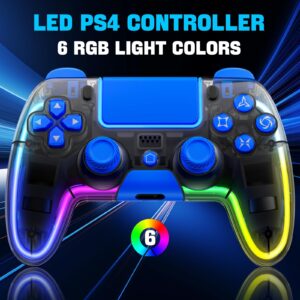 Honghao Controllers for PS4, LED Wireless PS4 Remote with Hall 3D Joystick, Dual 4 Shock RGB Custom Game Controllers for PlayStation 4 | Customizable Buttons| Responsive Control (Blue)