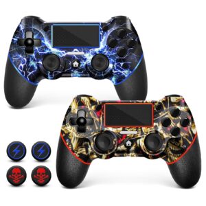 AceGamer 2 Pack Wireless Controller for PS4, Thumb Caps Included! (Gold-Skull and Lightning)