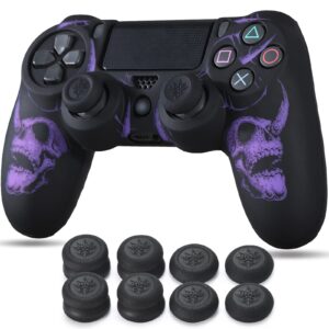 YoRHa Laser Carving Silicone Skin for PS4 Controller x 1(Skulls Purple) with Exclusive Thumb Grips x 8