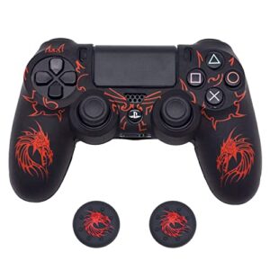 skin for ps4 controller, brhe anti-slip grip silicone cover protector case compatible with ps4 slim/ps4 pro wireless/wired gamepad controller with 2 dragon carving thumb grip caps