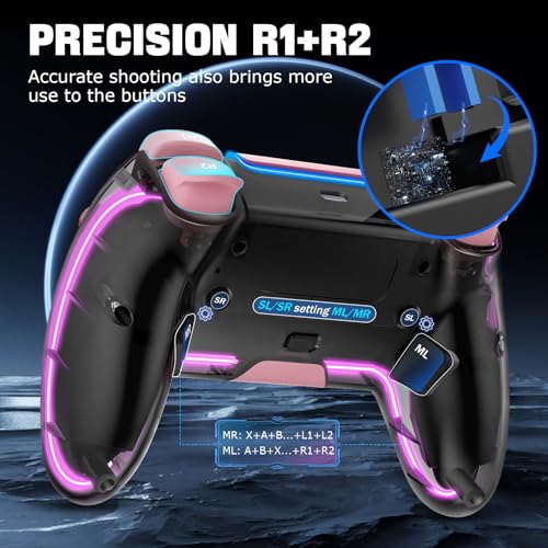 BRHE Wireless Controller forPS4 with Hall 3D Joysticks/RGB LED Lights/Programming Funtion,Pink PS4Controller Remote Joystick Gamepad,Game Controller for PS4/Slim/Pro