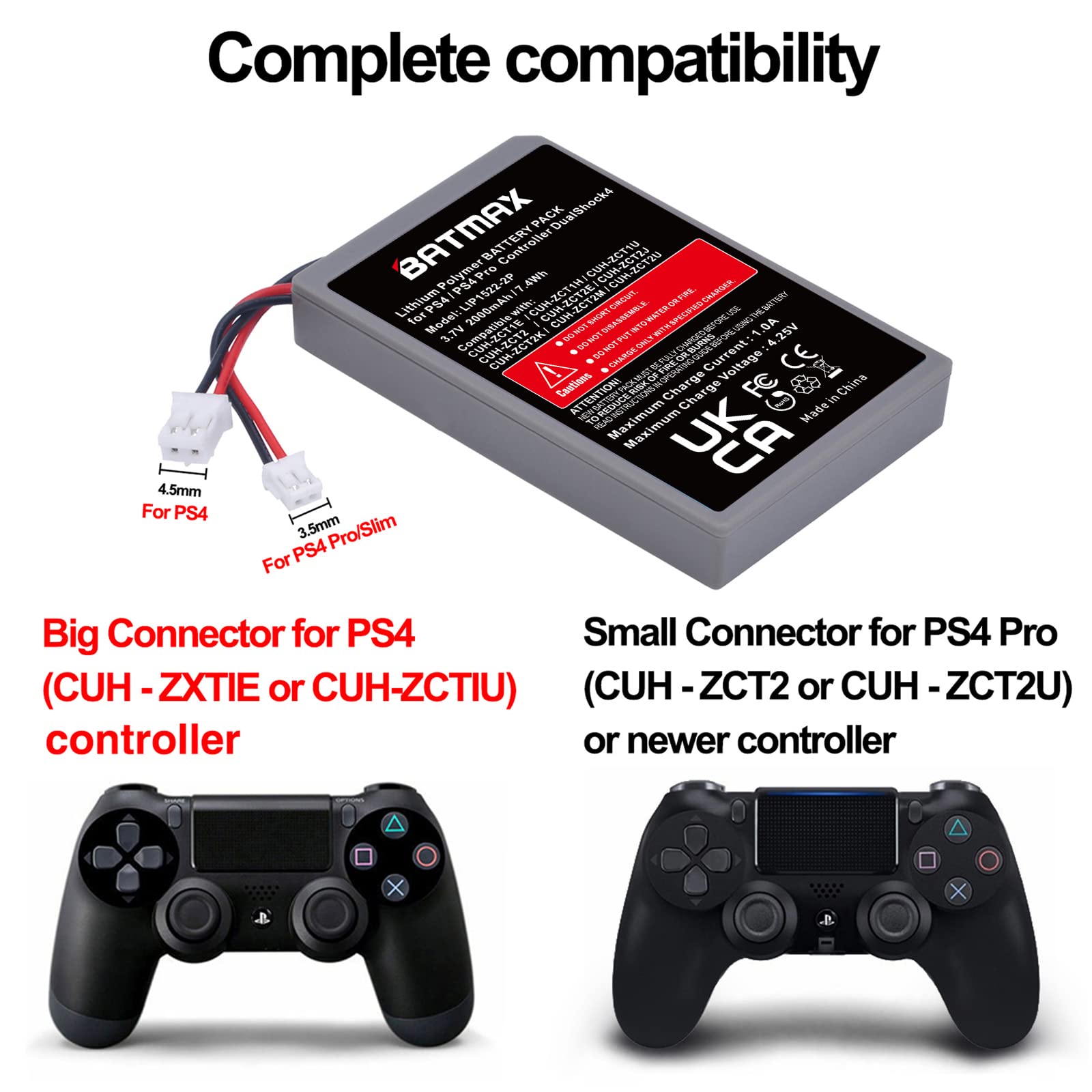 Batmax 2 Packs 2000mAh LIP1522 Battery for Sony Playstation 4 PS4 Slim Pro Dualshock 4 CUH-ZCT2 CUH-ZCT2U CUH-ZCT1E CUH-ZCT1H CUH-ZCT1U Wireless Controller (Big and Small Plug)