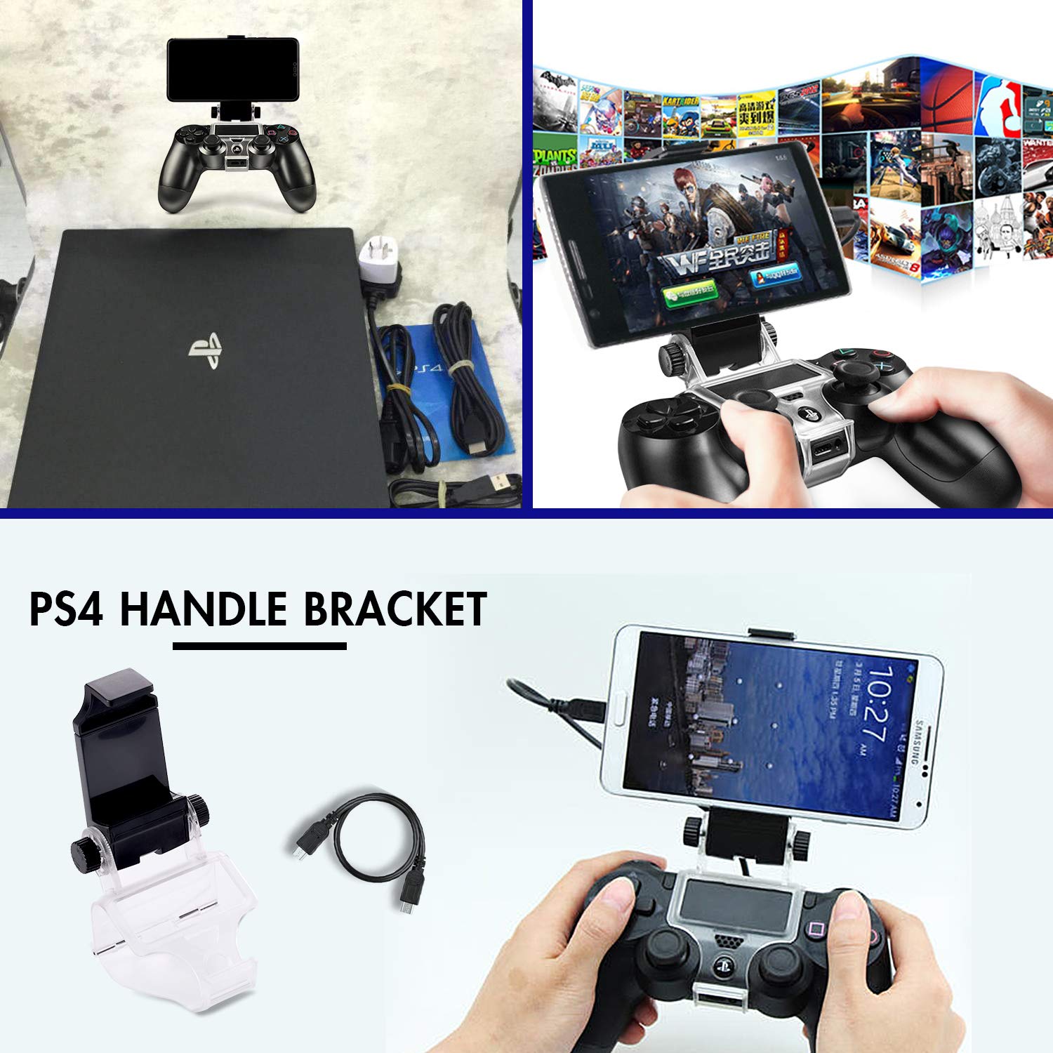 PS4 Controller Phone Clip, PS4 Slim Pro Controller Grip for Android Smart Phone, 180 Degree Gaming Holder Mount Stand Bracket for PlayStation 4 Game Controller 6 in Samsung, Pixel, OnePlus